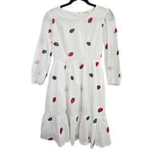 Womens White Linen Midi Strawberry Embroidered S Cottagecore Sundress PuffSleeve